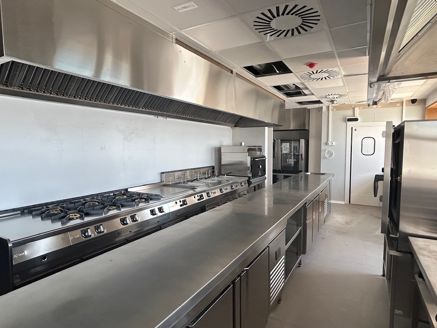 Cocina industrial con campana y línea de cocción en acero inoxidable